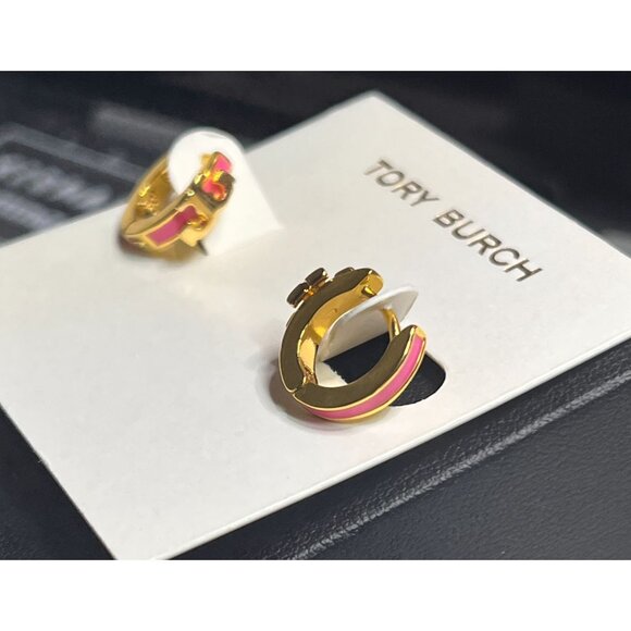 TORY BURCH SERIF T PINK ENAMEL HUGGIE HOOP EARRINGS - Picture 6 of 6